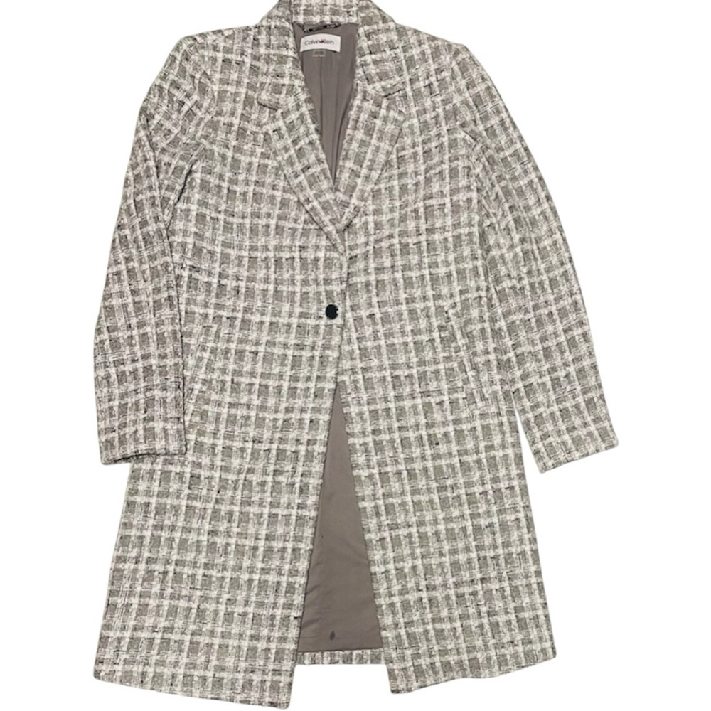 CALVIN KLEIN TWEETED ONE BUTTON LONG GRAY JACKET WOMEN NOTCH LAPELS PLAID SIZE 6
